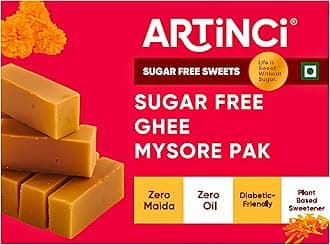 Artinci Sugar Free Ghee Mysore Pak – (Pack of 1 x 160gm), Zero Sugar, Zero Maida, Diabetic Friendly Sweet | Gluten Free | designed by nuritionist | Guilt-Free Festive Mithai