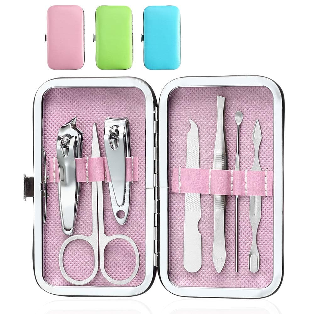 3 Pack 7Pcs Manicure Set,Cute and Surprisingly Sturdy Stainless Steel Nail Clipper Set with case, Great Gifts Personal Pedicure Kit for Women Men Girls Travel, Pink Blue Green