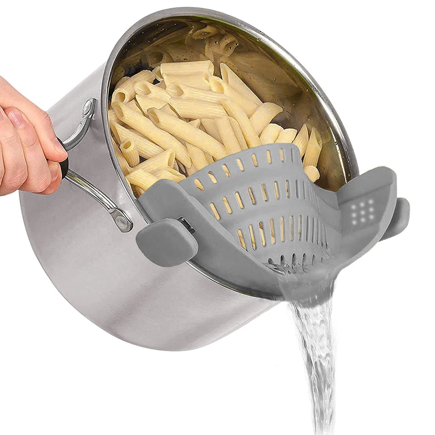 Clip on Strainer Colander - Cooking Strainer with Silicone Grip - Pot Strainer for Pasta, Meat, Vegetables, Fruit, Ground Beef and More - Fits All Pots and Bowls! (Grey)