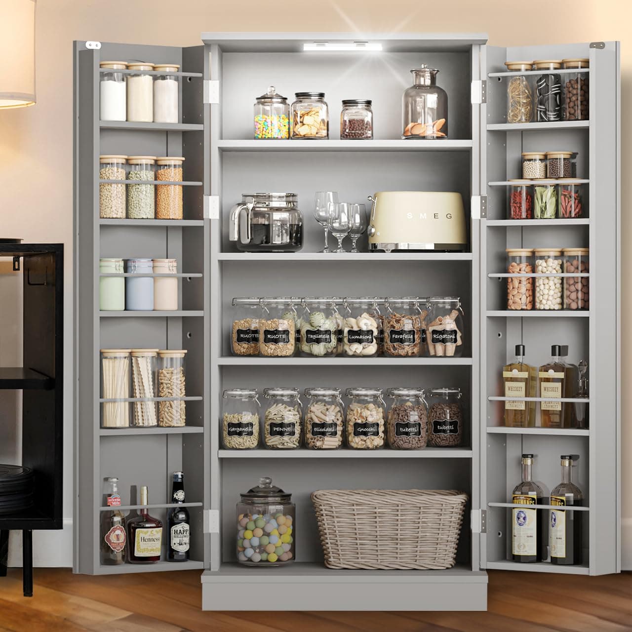LED Kitchen Pantry Storage Cabinets - 50 Inch Food Cabinets Buffet Cupboards with 2 Doors and Shelves Adjustable for Small Space in Dinning Room, Living Room, in Grey
