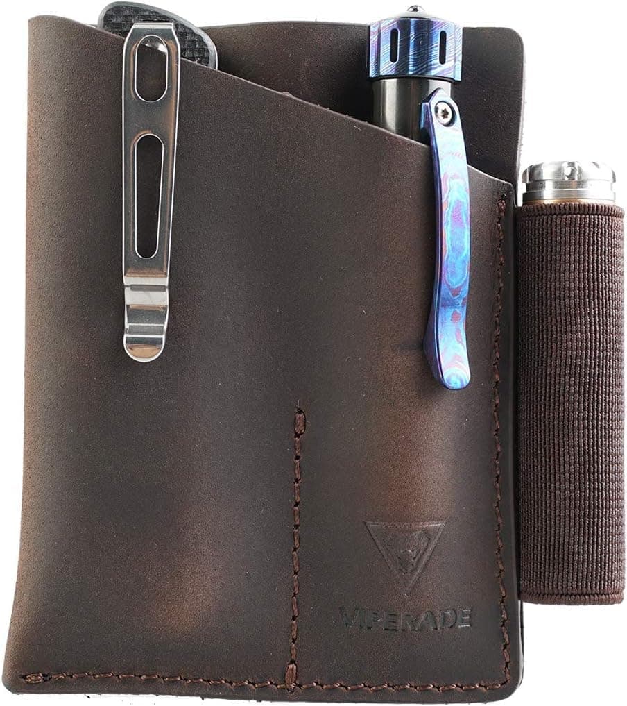 PJ12 EDC Leather Sheath, Multitool Sheath/Tools Holster/Knife Belt Sheath/Flashlight Sheath for Leatherman Multitools/Knife Sheath, Handmade Organizer Sheath with 2 Pockets - Brown