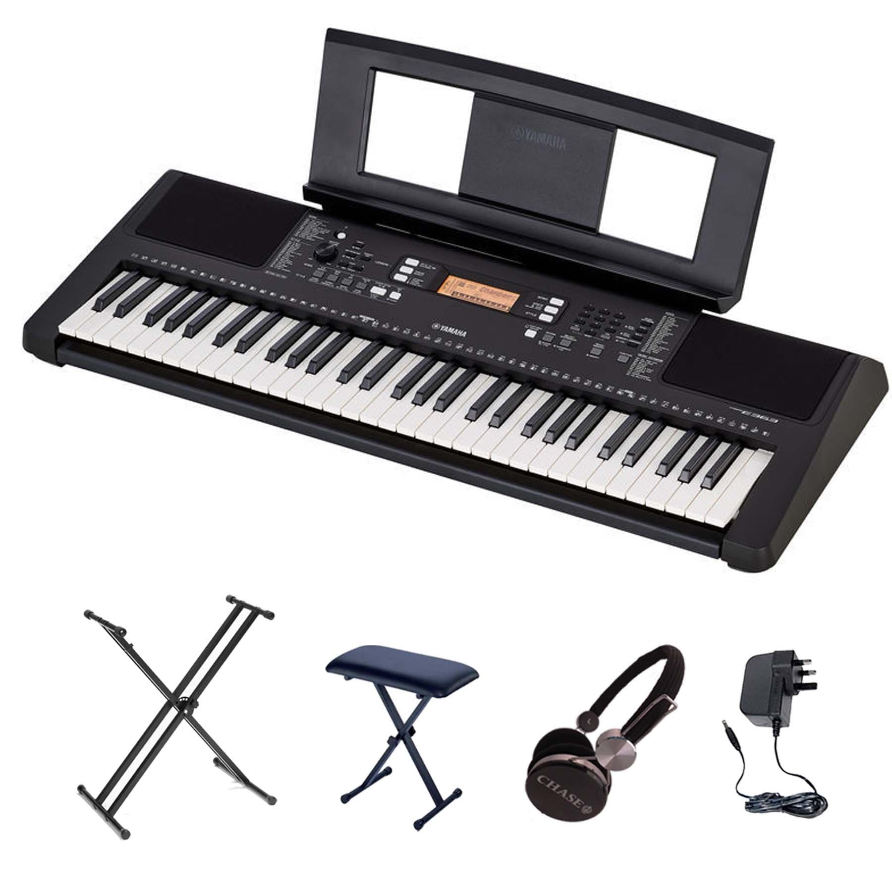 Yamaha PSR-E363 Keyboard Bundle With Double X Stand, Bench & Headphones