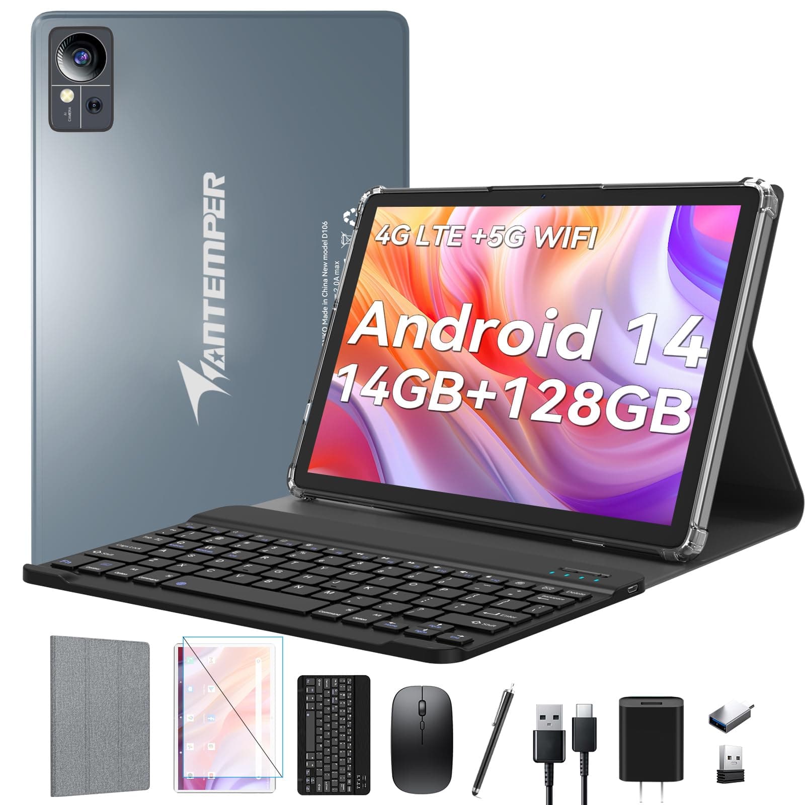 ANTEMPER 2025 Android 14 Tablet 10 inch,4G Cellular Tablets with 2 SIM 1 SD Slot,5G WiFi,128GB ROM +14GB RAM(1TBTF),3-in-1 Tablet with Keyboard-8000mAh,Octa-core,1080FHD,13MP+8MP,GPS-Gray