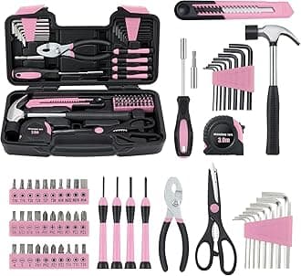 58 Piece Household Tool Set, General Household Hand Tool Kit with Plastic Toolbox Storage Case, All Purpose Household Tool Kit for Women, Girls and Ladies, Pink