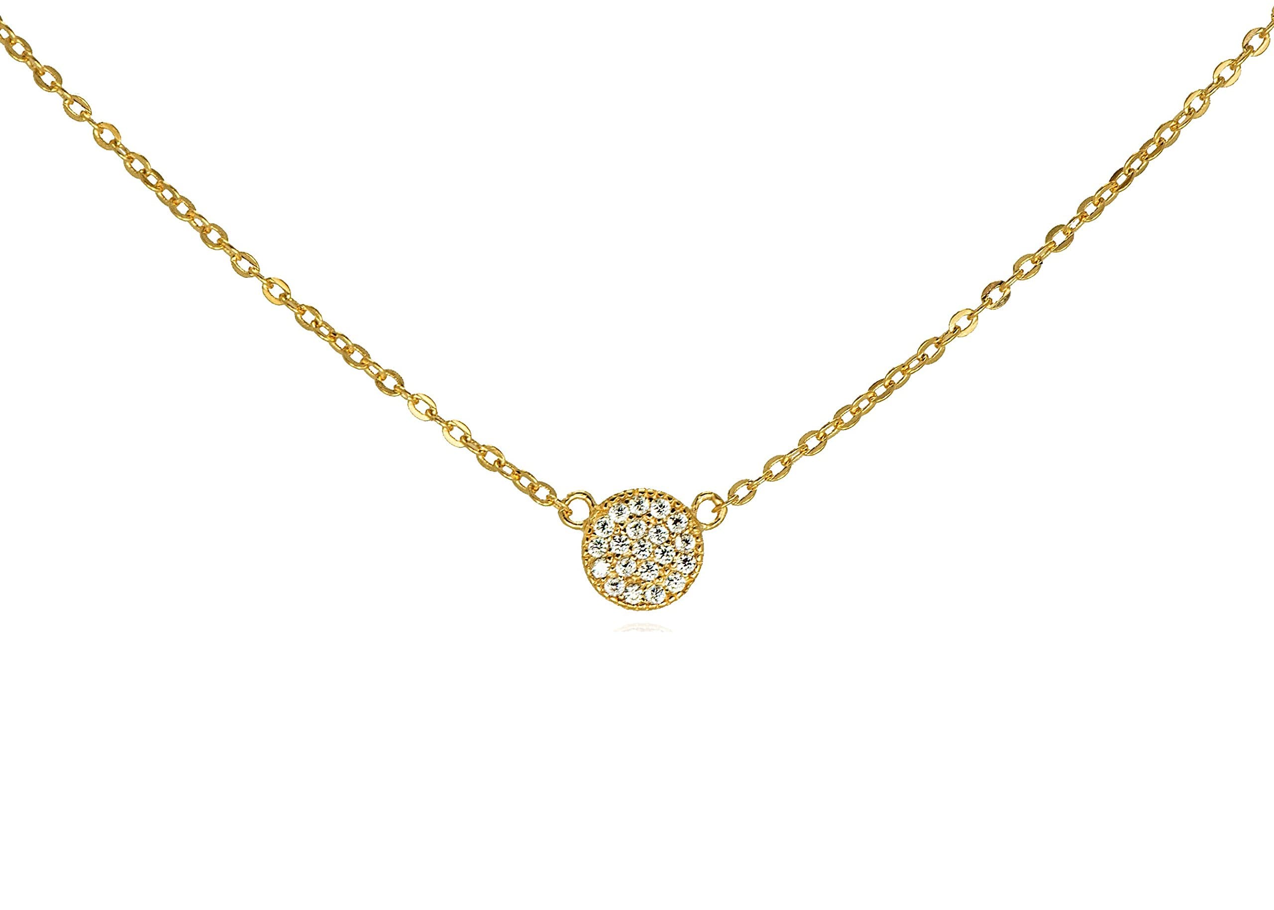 GlitterLounge Tiny CZ Pave Disk Circle Necklace .925 Sterling Silver Gold Tone Finish Adjustable Chain 16" - 18"