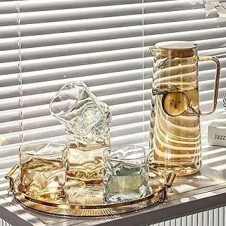 bellemax Brown Premium Water and Juice Glasses Set of 6 and Black Jugs Set Combo,(6 Pieces Glasses 300ML and 1 Water Juice Jug 1.6 Liter), Transparent, Glass and Jug Set (Ovel)