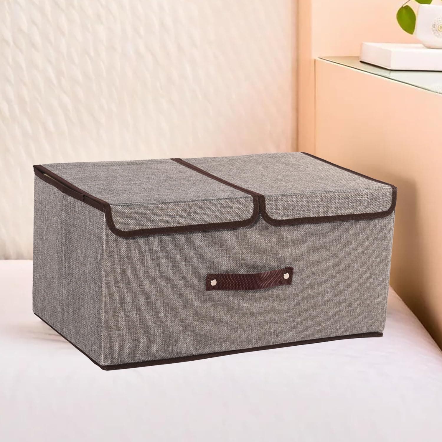 Kuber Industries Pack of 3 Foldable Storage Box | Double Lid Storage Box with Handle | Stackable Storage Box For Clothes-Toys-Books | YJA007-GRY | Grey