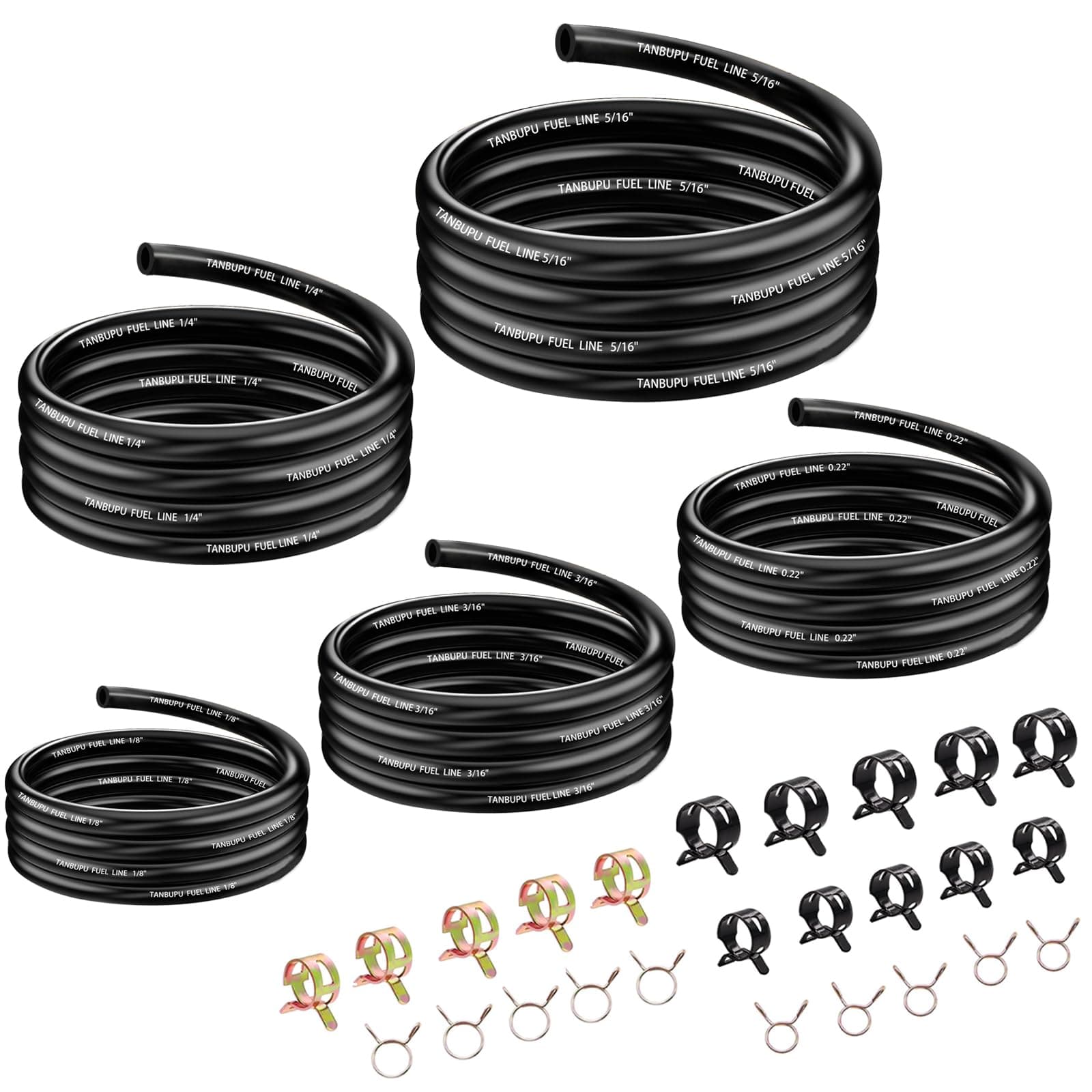 3.3Ft 5 Sizes-1/8" 3/16" 0.22" 1/4" 5/16" ID Fuel Line with 50Pcs Clamps Gas Tube Hose Compatible with Kawasaki EZGO Snowmobile Tractors Golf Cart ATV Motorcycle Small Engines Lawn Mowers