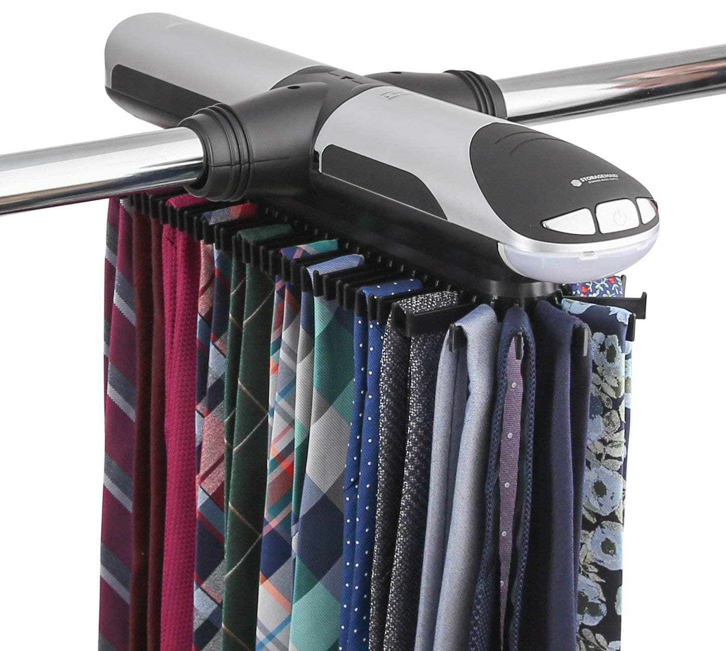 Motorized Tie Rack Organizer for Closet with LED Lights - Battery Operated - Holds 72 Ties and 8 Belts - Includes J Hooks for Wire Shelving - Bonus Tie Travel Pouch & Tie Clip