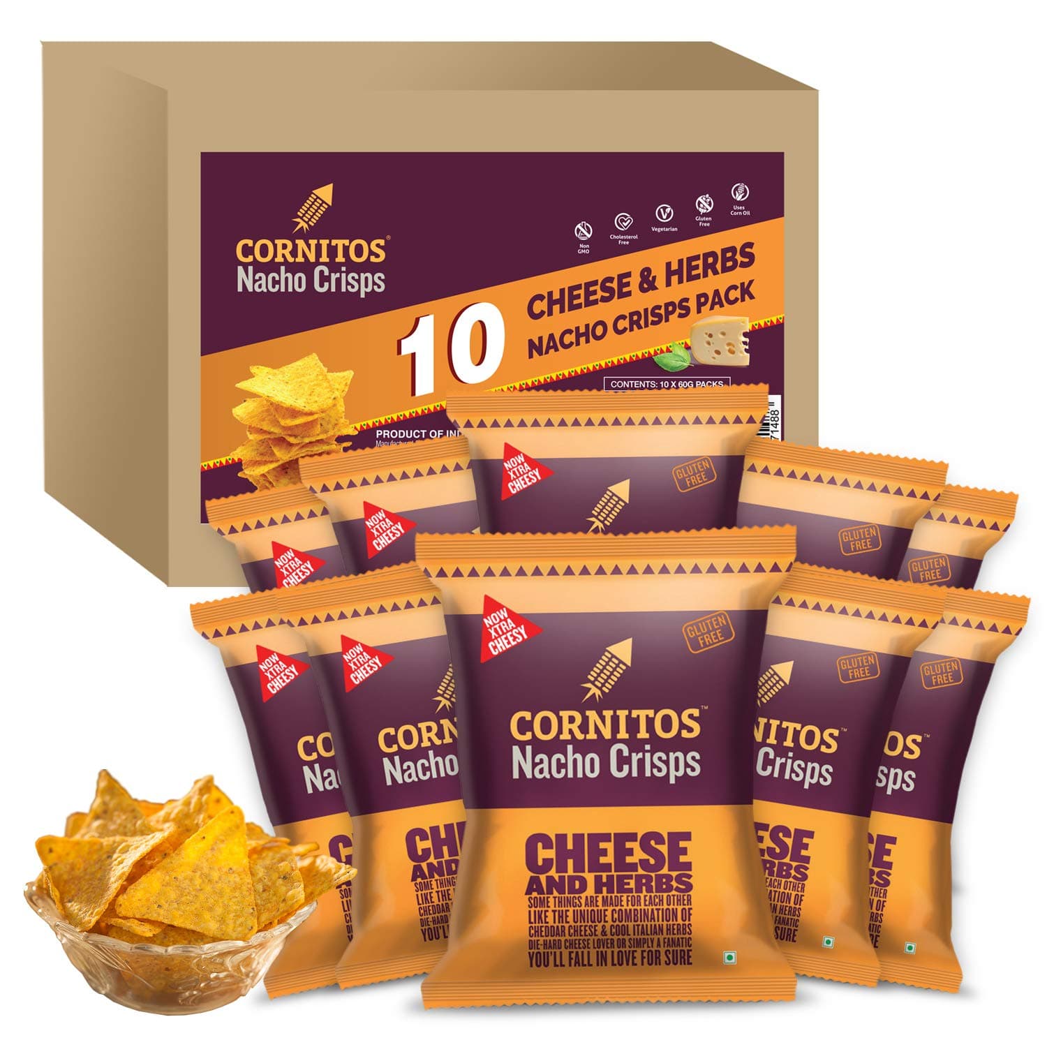 Cornitos Cheese and Herbs Nacho Crisps 55 Grams, Pack of 10, x 55 Grams