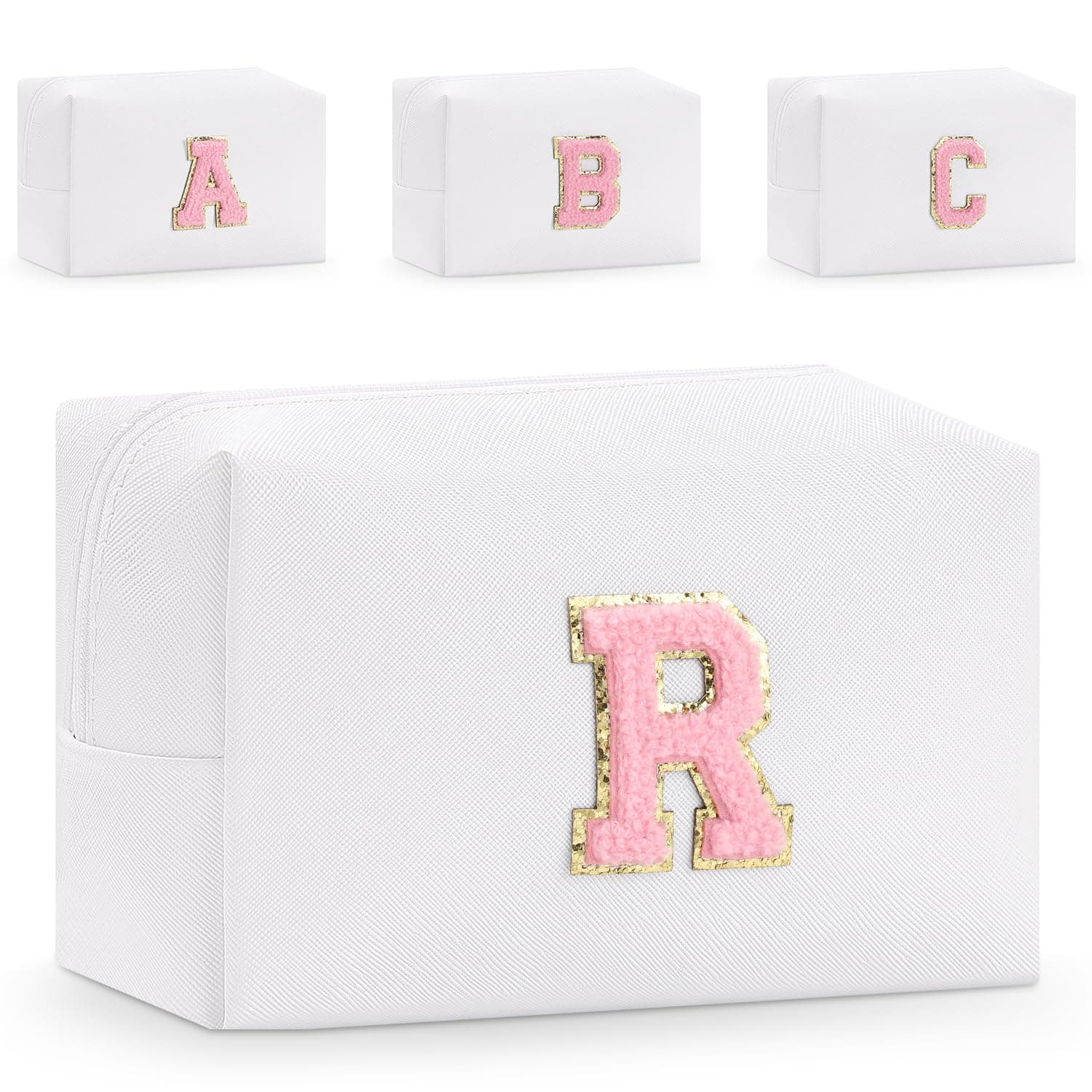 Etercycle Small Personalized Initial Letter Makeup Bag for Women, Cute Waterproof PU Leather Cosmetic Bag Travel Makeup Bag, Makeup Pouch Toiletry Pouch Organizer with Zipper (R, White)