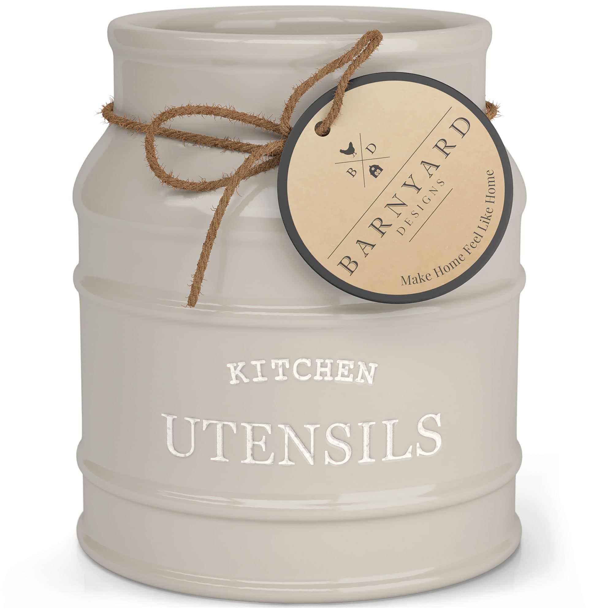 Barnyard Designs Ceramic Utensil Crock Holder for Kitchen Counter, Rustic Farmhouse Countertop Decor, French Country Organizer for Cooking Utensils, Spatulas and Mixing Spoons, Taupe, 6ââ‚¬Â x 6.75"