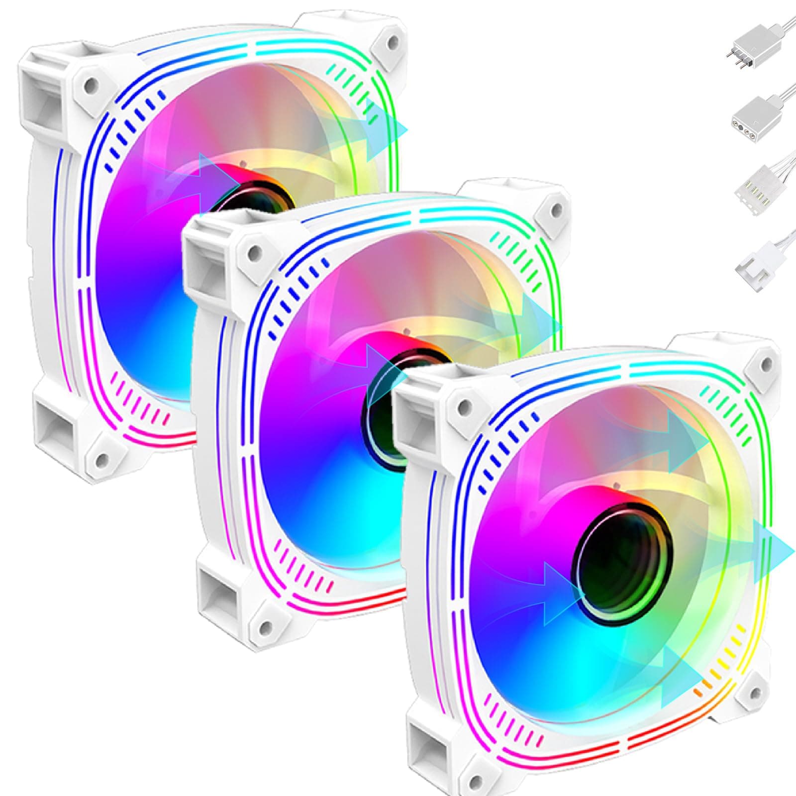 YSOAE 3 PACK ARGB PC Fans, 120mm High Airflow Computer-Fan with Hydraulic Bearing RGB Case Kit, Low Noise Case Fans RGB Computer Fans for Custom PC Build(White,Reverse-Fan)