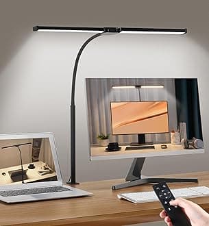 LED Desk Lamp for Home Office, Eye Care Architect Light with Clamp, Smart Dual Head Lamp for Desk Monitor Table Clip Lamp, Neck