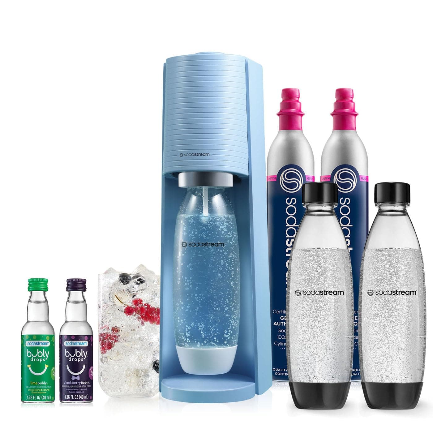 Terra Sparkling Water Maker | VALUE BUNDLE | CQC CO2 system | Includes 2x CO2 Cylinders, 3x 32 Fl Oz Dishwasher Safe Bottles, 2x Bubly Flavor Drops | Combine with Flavors | Misty Blue
