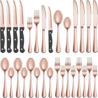 48 Pcs Rose Gold Silverware Set with Steak Knives Service for 8,Stainless Steel Flatware Set,Mirror Polished Cutlery Utensil Set, Kitchen Eating Tableware,Include Fork Knife Spoon Set,Dishwasher Safe