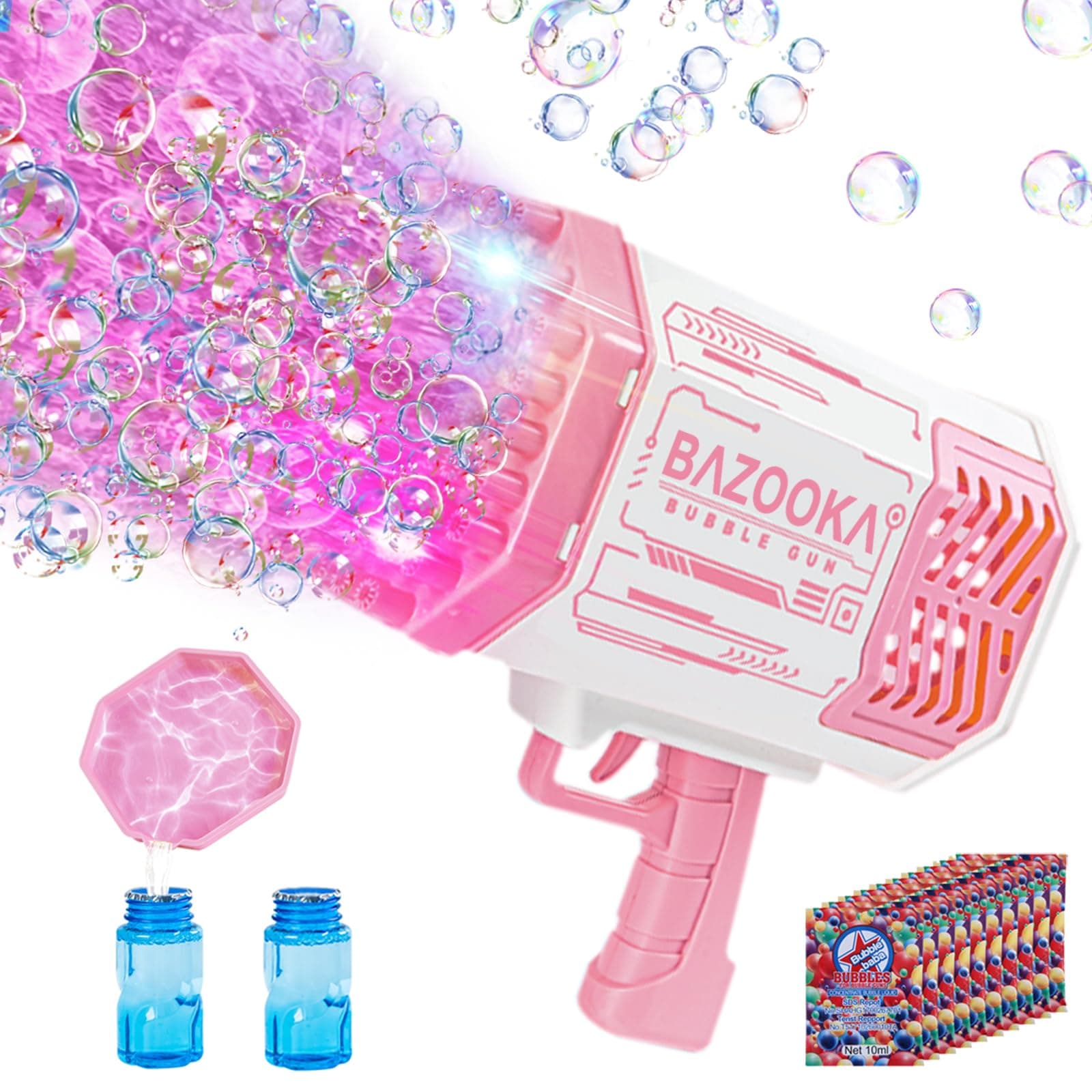 Deserthome Bubble Machine Guns, Bubble Guns with Light, Bubble Solution, 69 Holes Bubbles Machine for Kids Adults, Summer Toy Gift for Outdoor Indoor Birthday Wedding Party - Pink Bubble Makers