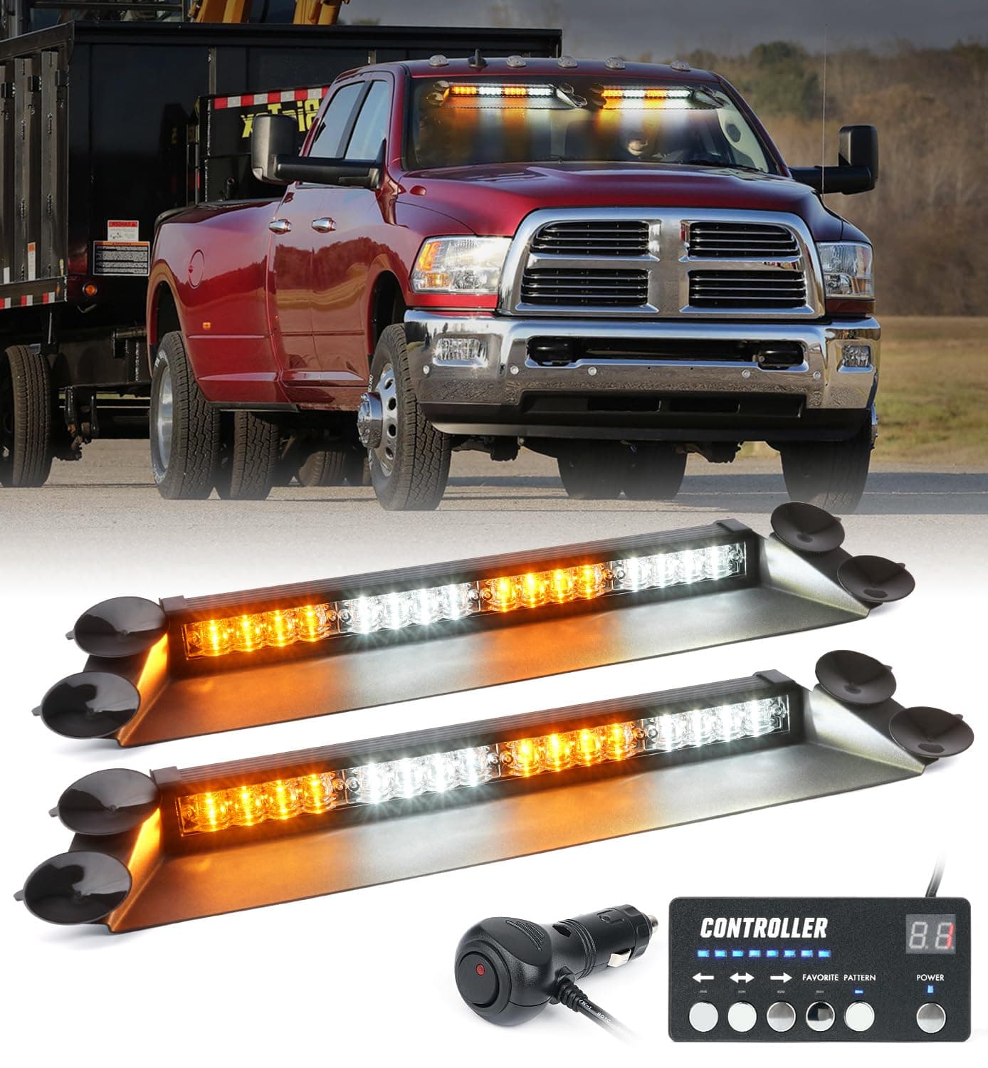 LUMENIX LED Emergency Dash Strobe Lights Bar w/Controller Windshield Visor Safety Warning Traffic Caution Lightbar Deck Split Flashing Light for Construction Vehicles Work Trucks Pickup - White Amber