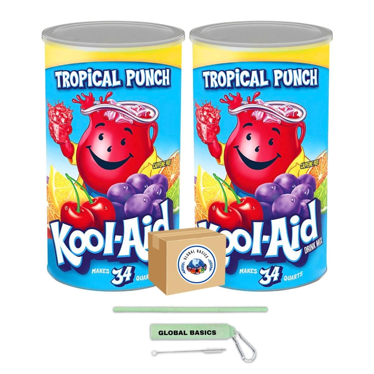Kool Aid Tropical Punch Flavored Powdered Drink Mix | Pack of 2 | 82.5 oz Per Canister - 165 oz TOTAL | Includes A Global Basics Reusable Straw Set!
