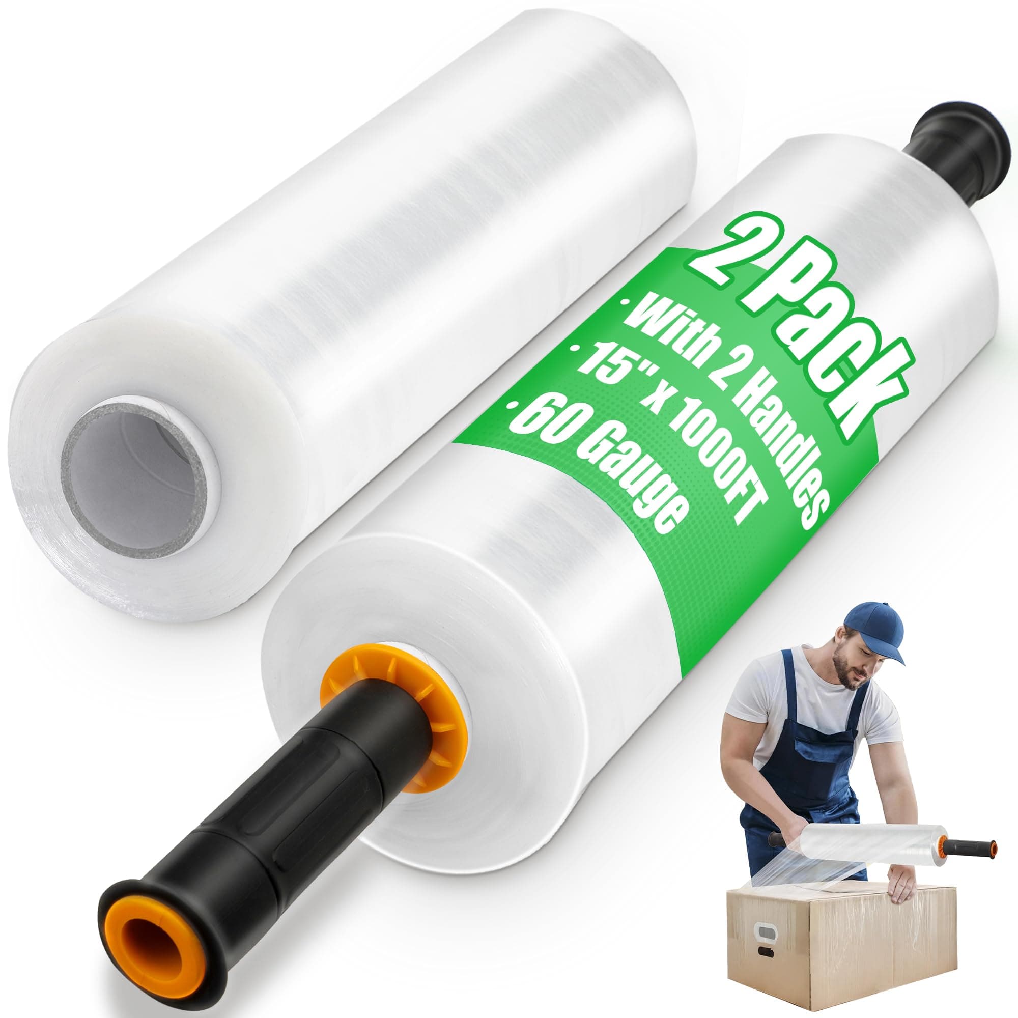 2 Pack Plastic Wrap for Moving with Handles, 15 Inch x 1000ft Stretch Film Roll, Industrial Strength Shrink Wrap for Furniture, Pallet, Packing, Shipping & Storage Protection