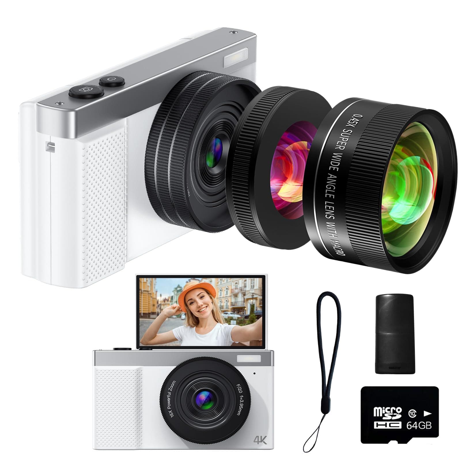 4K Digital Camera, 64MP Vlogging Camera for Photography with 3'' 180°Flip Screen,Macro and Wide-Angle Lenses,16X Vlogging Camera for YouTube with 64GB Micro SD Card for Beginner