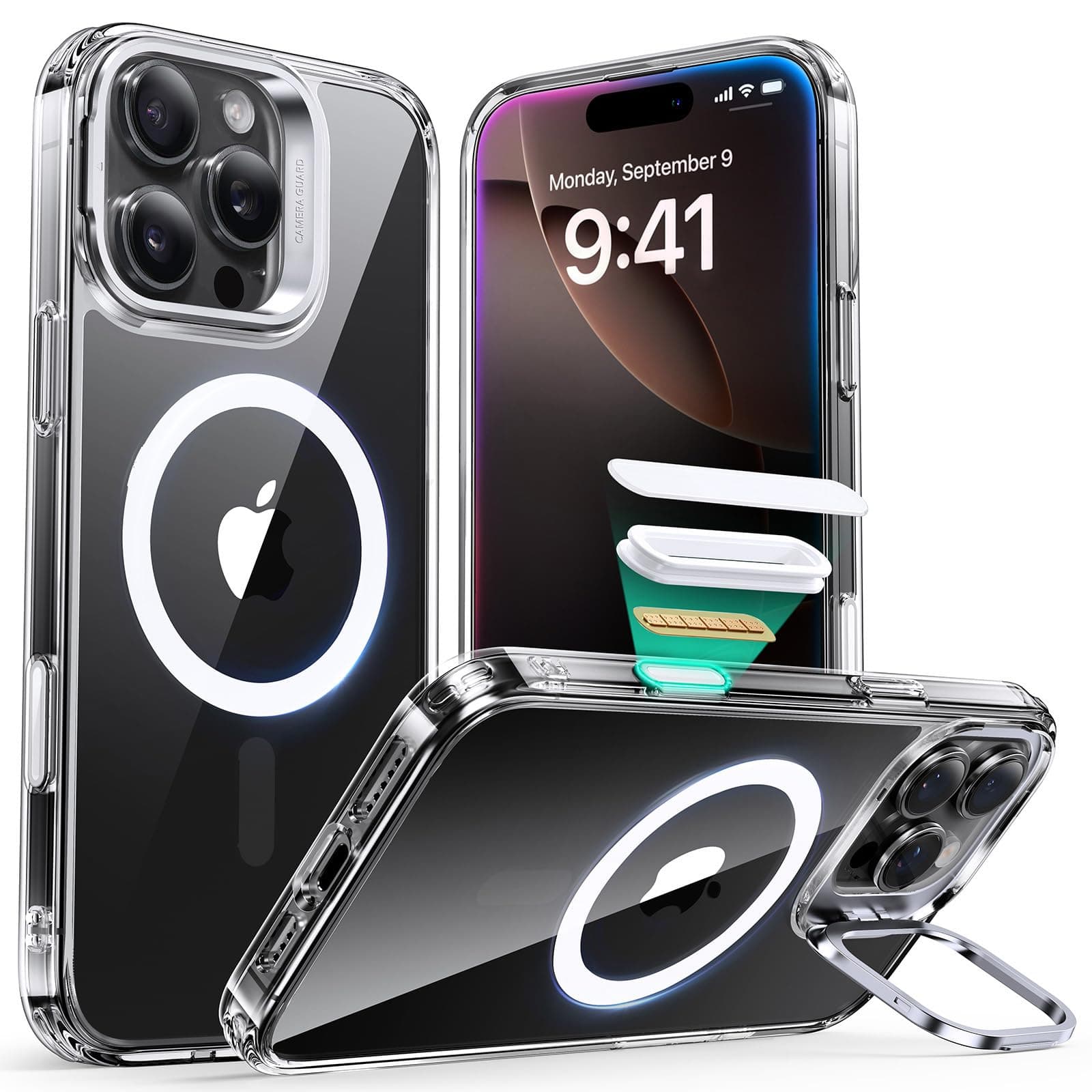 for iPhone 16 Pro Max Case Cover, Camera Control Capture Button, Built-in Stash Stand Phone Case, Compatible with MagSafe, Military-Grade Protective Case, Classic Series, Clear