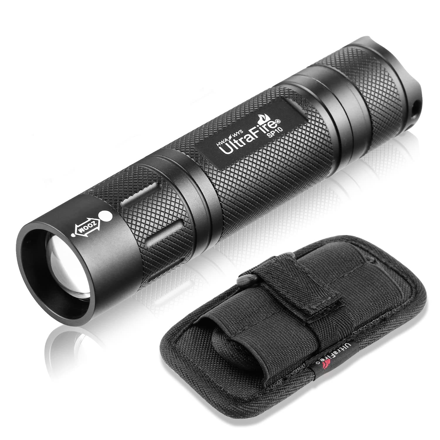 ULTRAFIRE LED Tactical Flashlight with Holster, Small Flashlight High Lumens - Single Mode, Zoomable, Water Resistant Flash Lights, Duty Belt Flashlight with Holder