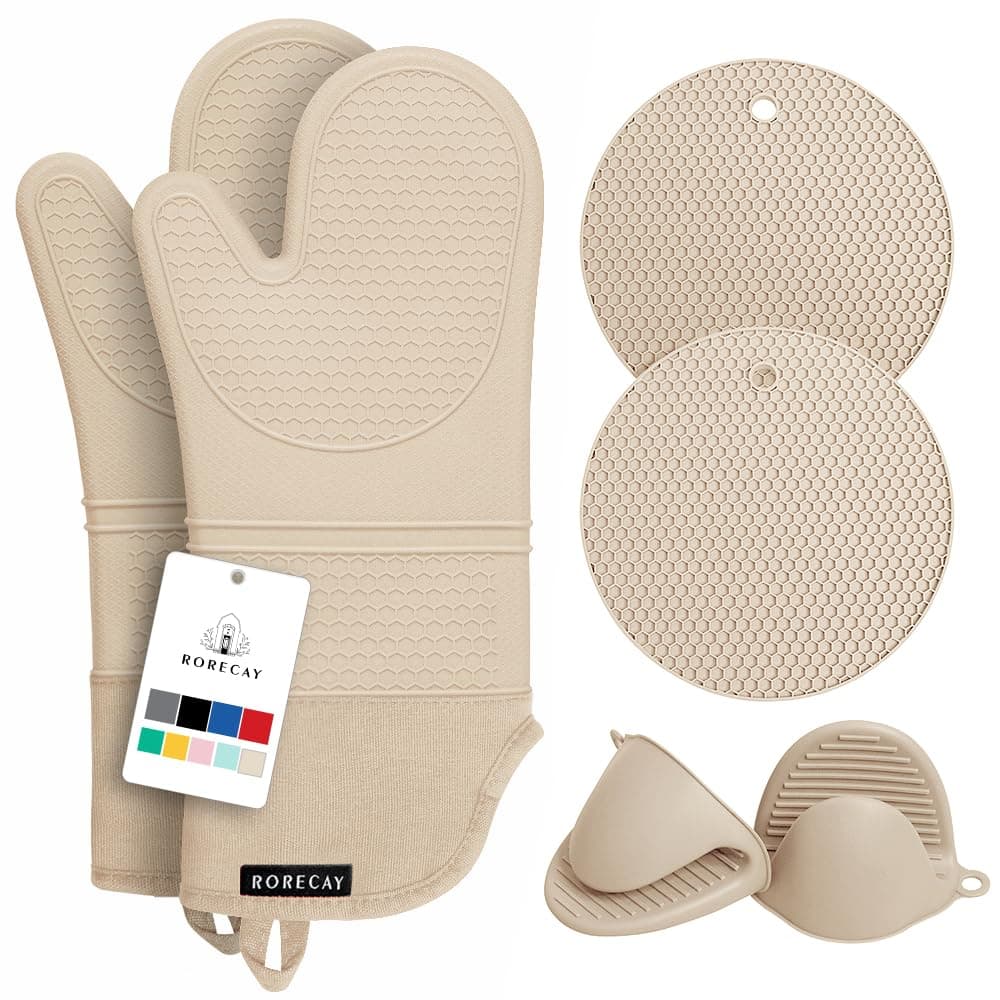 Rorecay Oven Mitts and Pot Holders Sets 6pcs, Extra Long Kitchen Silicone Oven Gloves High Heat Resistant 500 Degrees Non-Slip Potholders Hot Pads for Baking Cooking, Milkshake