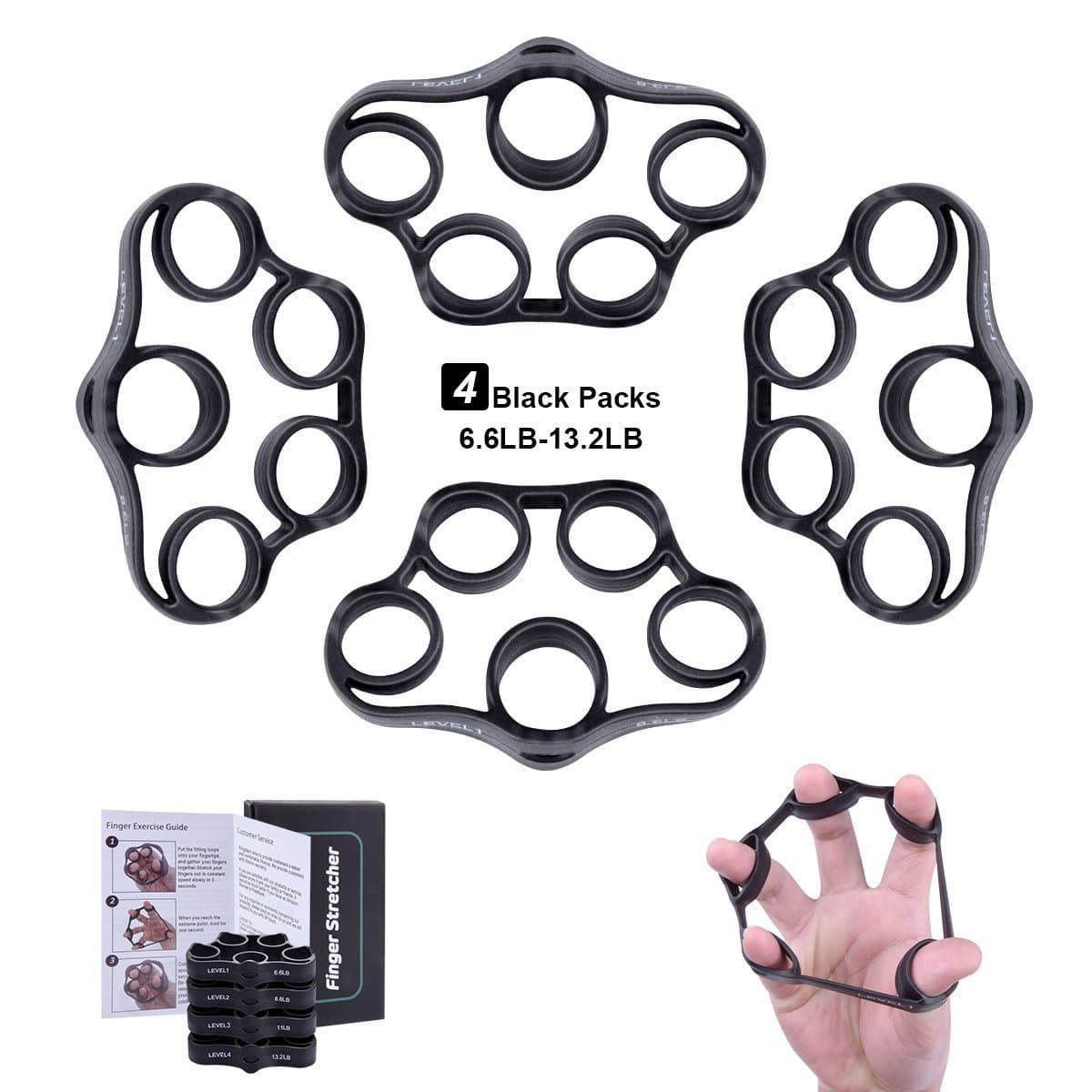 Finger Stretcher- Hand Extensor Exerciser- Finger Strength Trainer Gripper- Finger Grip Strengthener Set for Forearm Exercise, Rock Climbing,Guitar Finger Exercise –Black (4 Level Resistance)