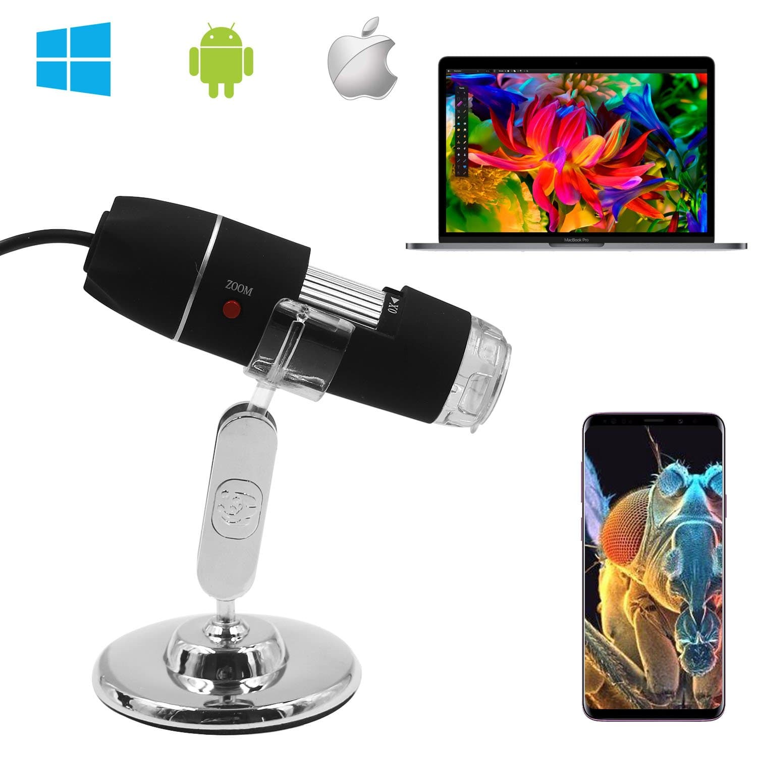 Digital Microscope,SOSENSE 0 to 1600x Magnification Endoscope,2MP 8 LED USB 2.0& Micro Digital Microscope, Mini Camera with Stand,Compatible with Mac Window 7 8 10 Android Linux