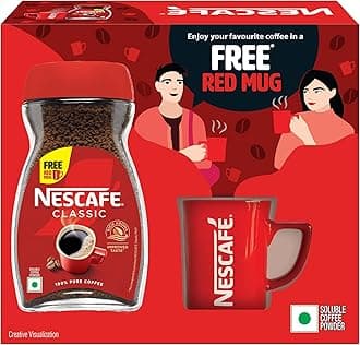 Classic Instant Coffee Powder | Great start to your morning | 100% Pure Coffee | Free Red Mug | 180g Jar (Weight may vary upwards)