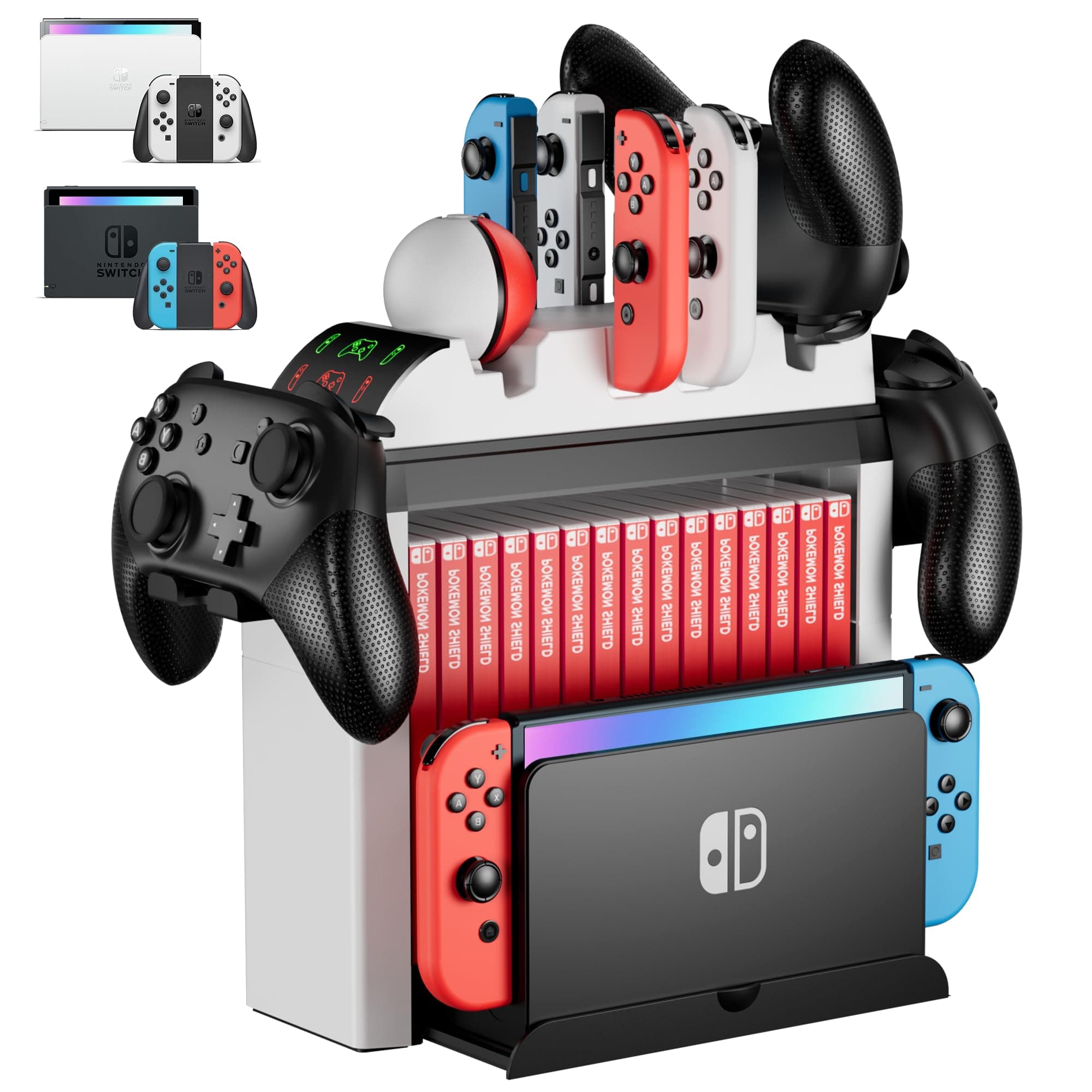 Switch Organizer with Controller Charging Station, ZAONOOL Charger Stand for Nintendo Switch/OLED Joycon and Pro Controller, Accessories Storage Tower for Console, Games and Dock