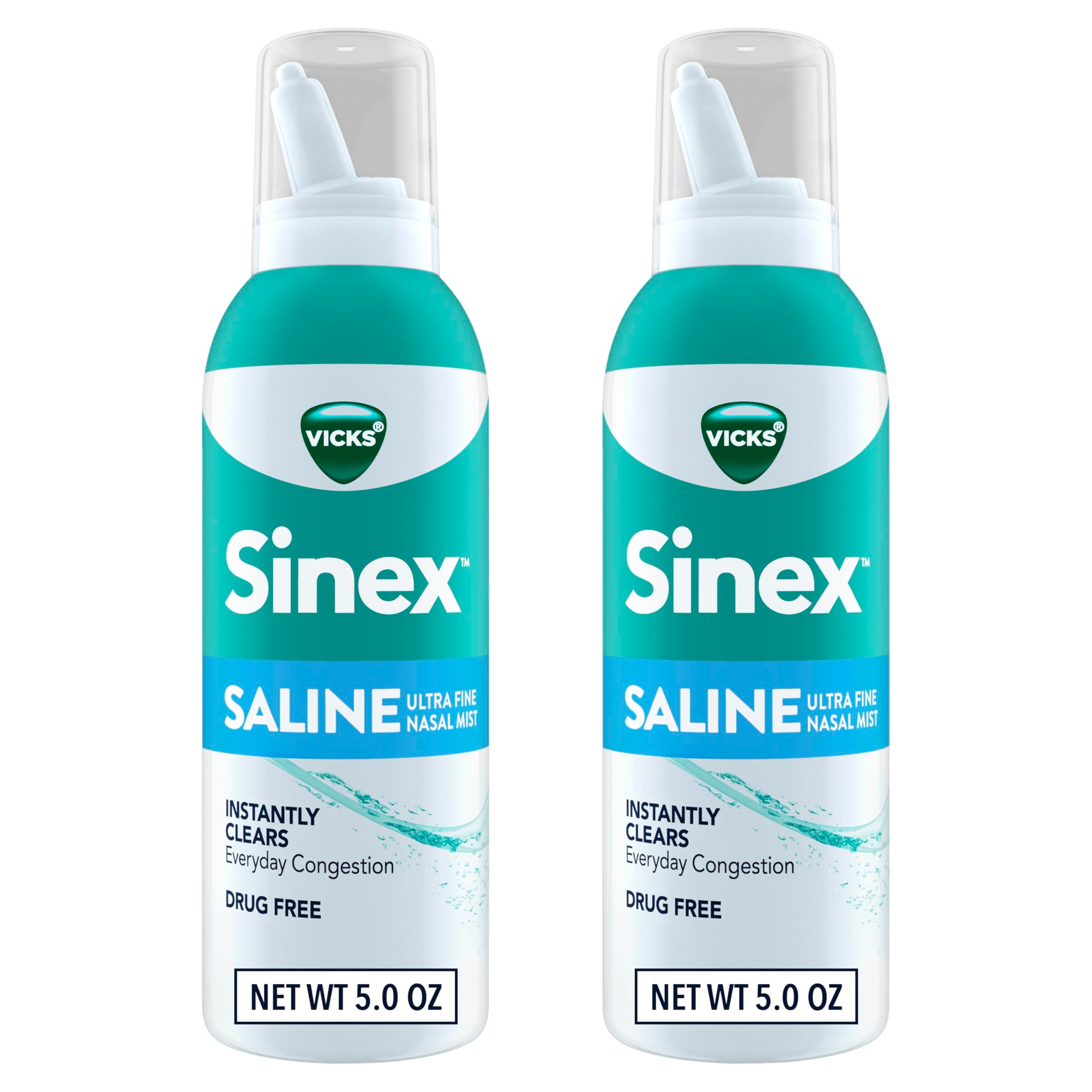 Vicks Sinex SALINE Nasal Spray, Drug Free Ultra Fine Mist, Clear Everyday Sinus Congestion Fast, Clear Mucus from a Cold or Allergy, Daily Use 5.0 fl oz x 2