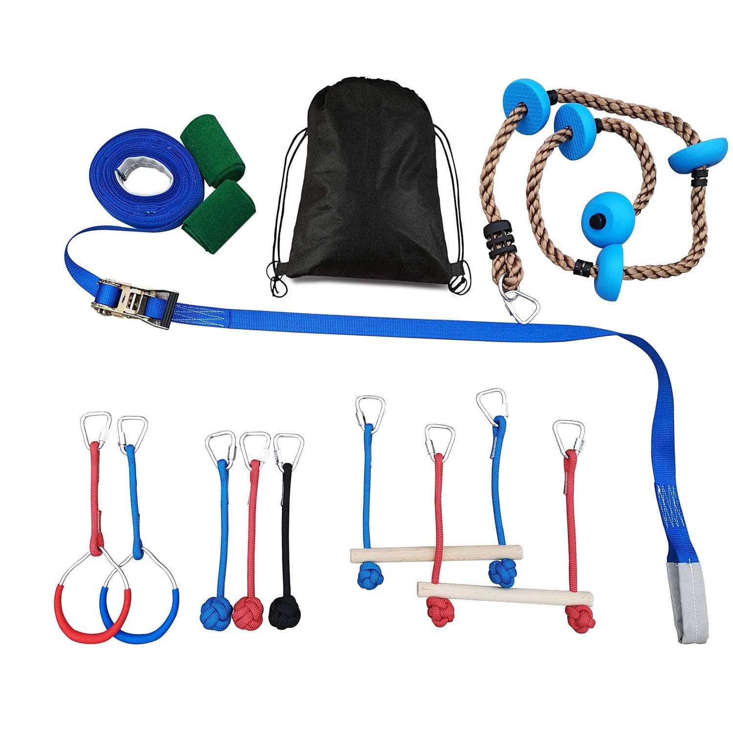 Ninja Obstacle Course for Kids Gymnastic Junior Training Equipment Backyard Obstacles Kit - 2 Monkey Bars, 2 Gymnastics Rings, 3 Knot Fists,6.5ft Climbing Rope