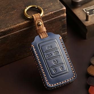 EASYANT Leather Key Fob Cover for Jeep 2021-2024 Grand Cherokee L Grand Wagoneer Key Case Protector keychain Smart Key Holder Blue 6 Button