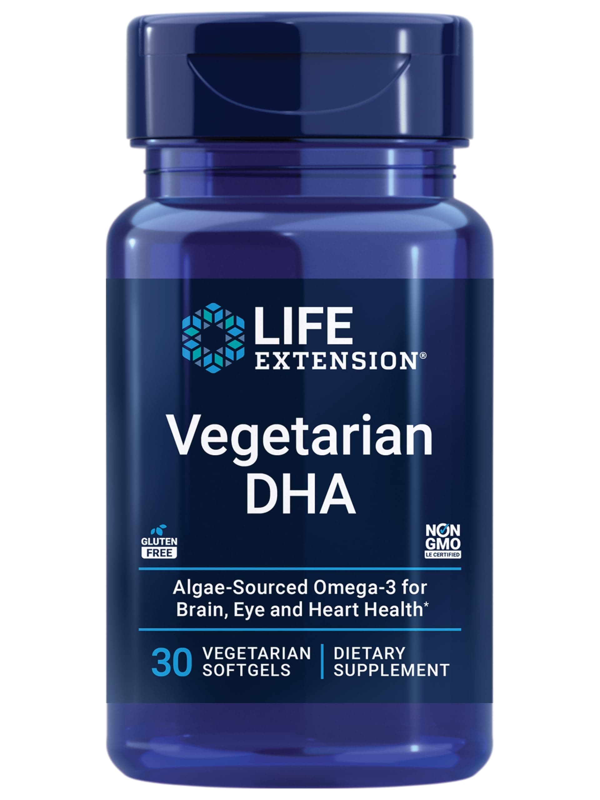 Life Extension Vegetarian DHA, Omega-3 from Algae for cognition, Mood & Eye Health, Gluten-Free, Non-GMO, Vegan, 30 softgels