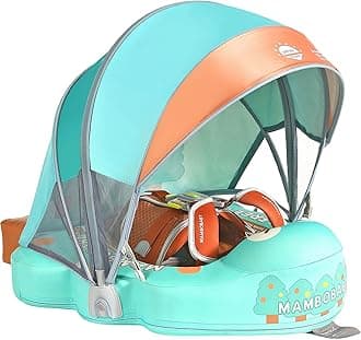 Mambobaby Float with Canopy and Tail New Upgraded Non-Inflatable Baby Pool Float Mambo Float Swim Trainer Solid Infant Swim Float Adjustable Pearl Foam Baby Swim Ring
