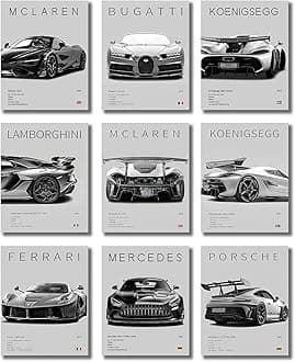 Car Posters Vintage Racing Car Wall Art Supercar Canvas Prints Painting For Men Room Pictures Guys Dorm Room Aesthetics Decor Bedroom Office (Unframed,8×10inch,9pcs)