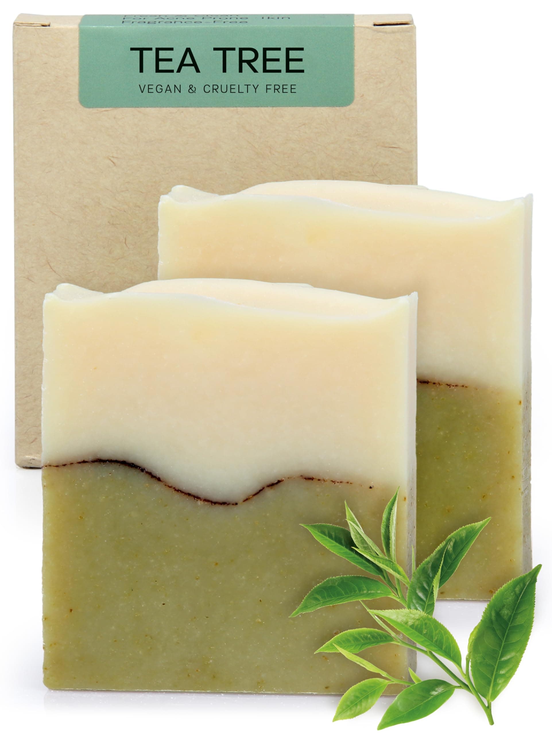 AUTHENTIC BATH & SOAP Cold Processed Tea Tree Soap Bar for Sensitive Skin, Fresh and Clean, Face & Body Wash for Man & Woman, Natural, Cruelty Free & Vegan, Fragrance Free, (Pack of 2) 120 g Each