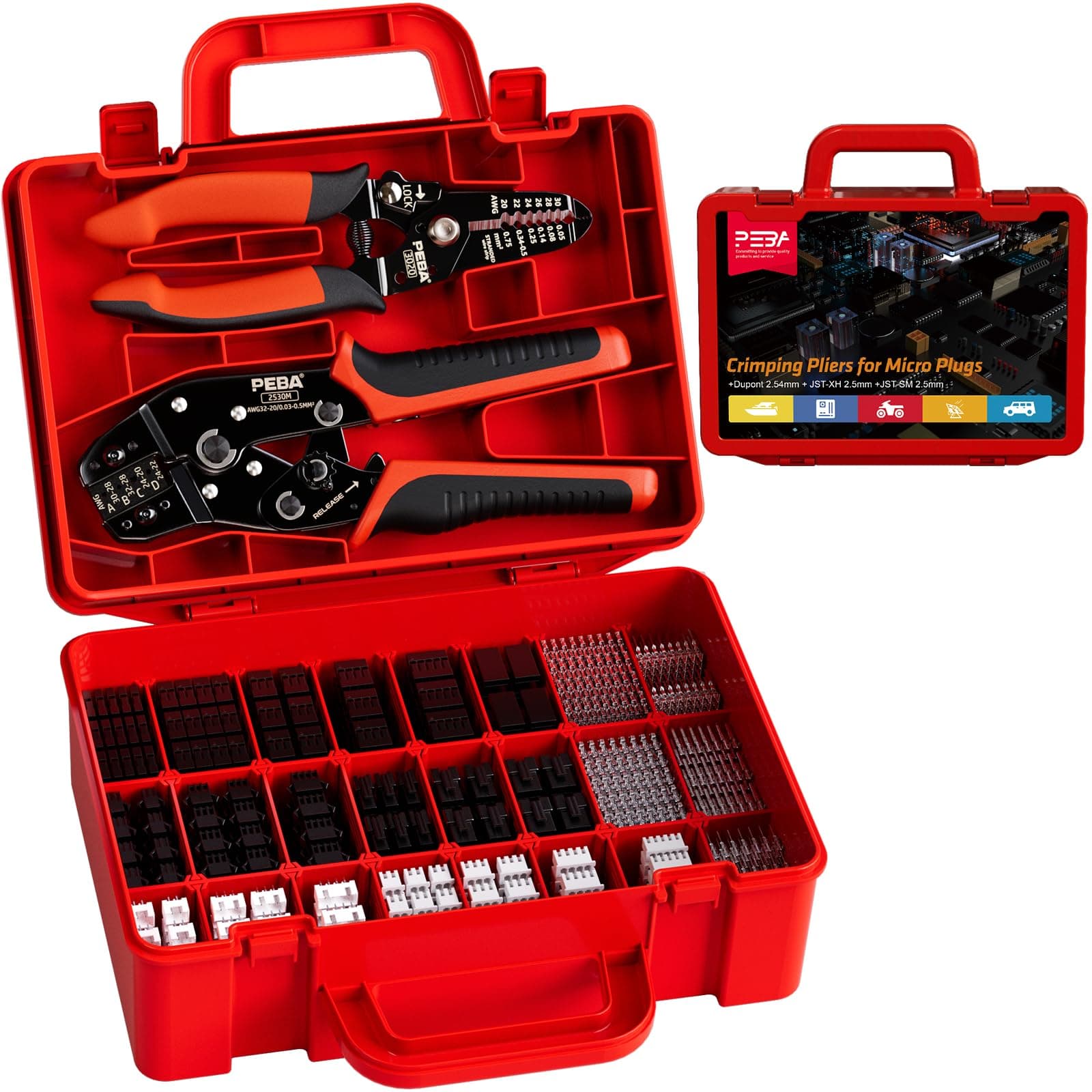 Crimping Tool Kit, 24 Types JST-XH/SM 2.5mm/Dupont 2.54mm Connectors, Crimper Pliers, Wire Strippers | AWG32-20 Ratcheting Crimper for JST(XH/SM/PH/SYP), Dupont, Molex, AMP EI Series