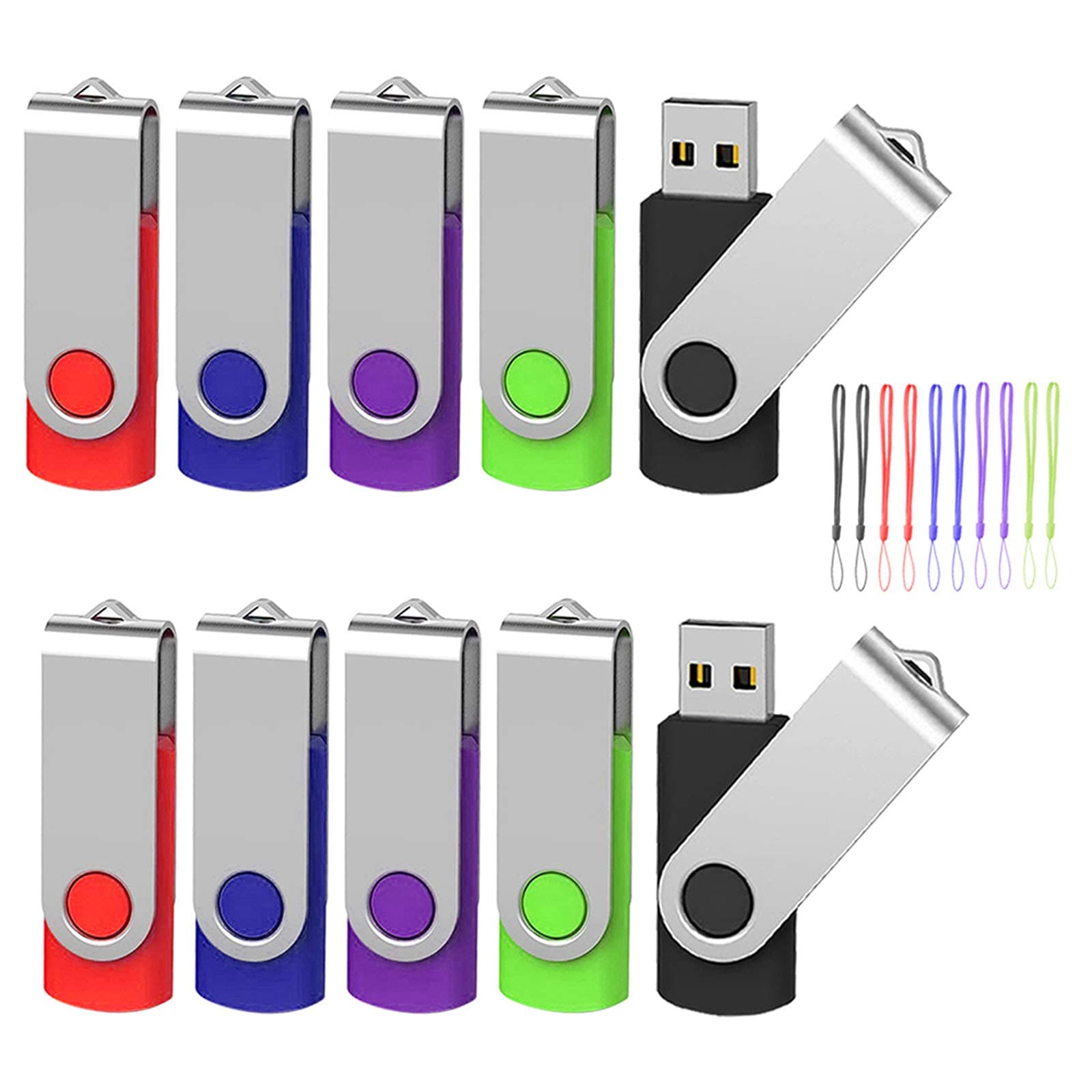EASTBULL 10 Pack 64GB Flash Memory USB 2.0 Flash Drive 360° Rotatable Dustproof with Strap LED Light (64GB 5 Colors)