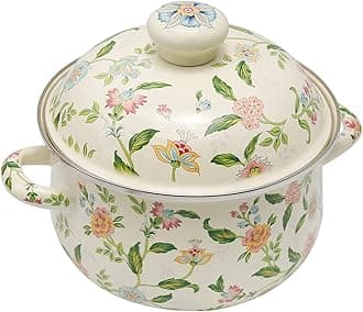 VIKKSAER 2.8 Qt Vintage Enamel Simmer Pot, Green Floral Enamel Stock Pot, Deep Vintage Cookware With Dural Handle for Stove Top, Ideal for 1-3 People