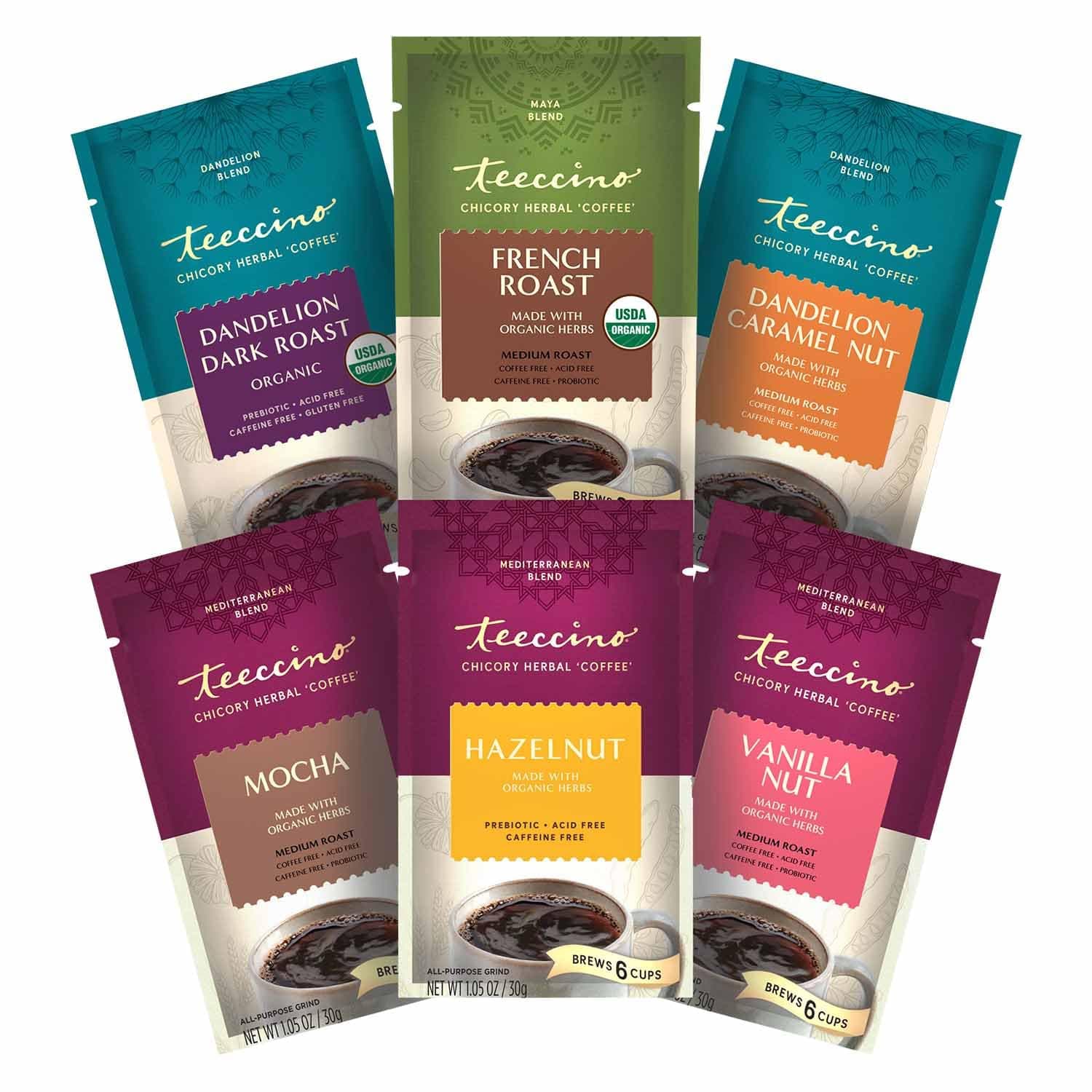 Herbal Coffee Sampler - 6 x 30g Trial Size Chicory Coffee Alternatives - French Roast, Vanilla Nut, Hazelnut, Mocha, Maca Chocolate, Java – Prebiotic, Caffeine Free & Acid Free