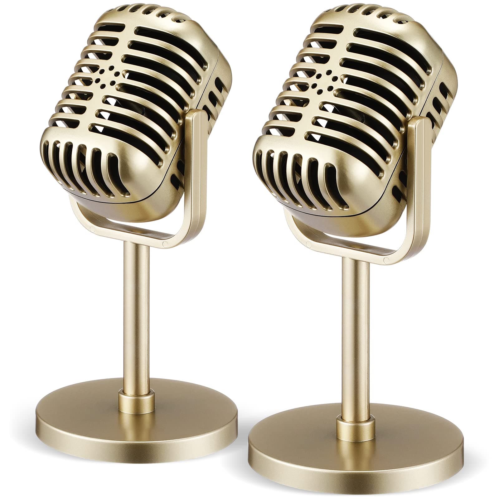 Chivao 2 Pack Retro Microphone Props Model Vintage Stage Table Decor Plastic Fake Microphone Antique Decor Stand Costume Prop for Party Toy(Gold,Classic)