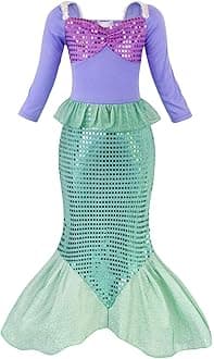 AmzBarley Girls Princess Dress Cosplay Costumes For Kids Little Mermaid Ariel Sets Children Halloween Christmas Clothing Long Sleeves Green Age 7-8 Years