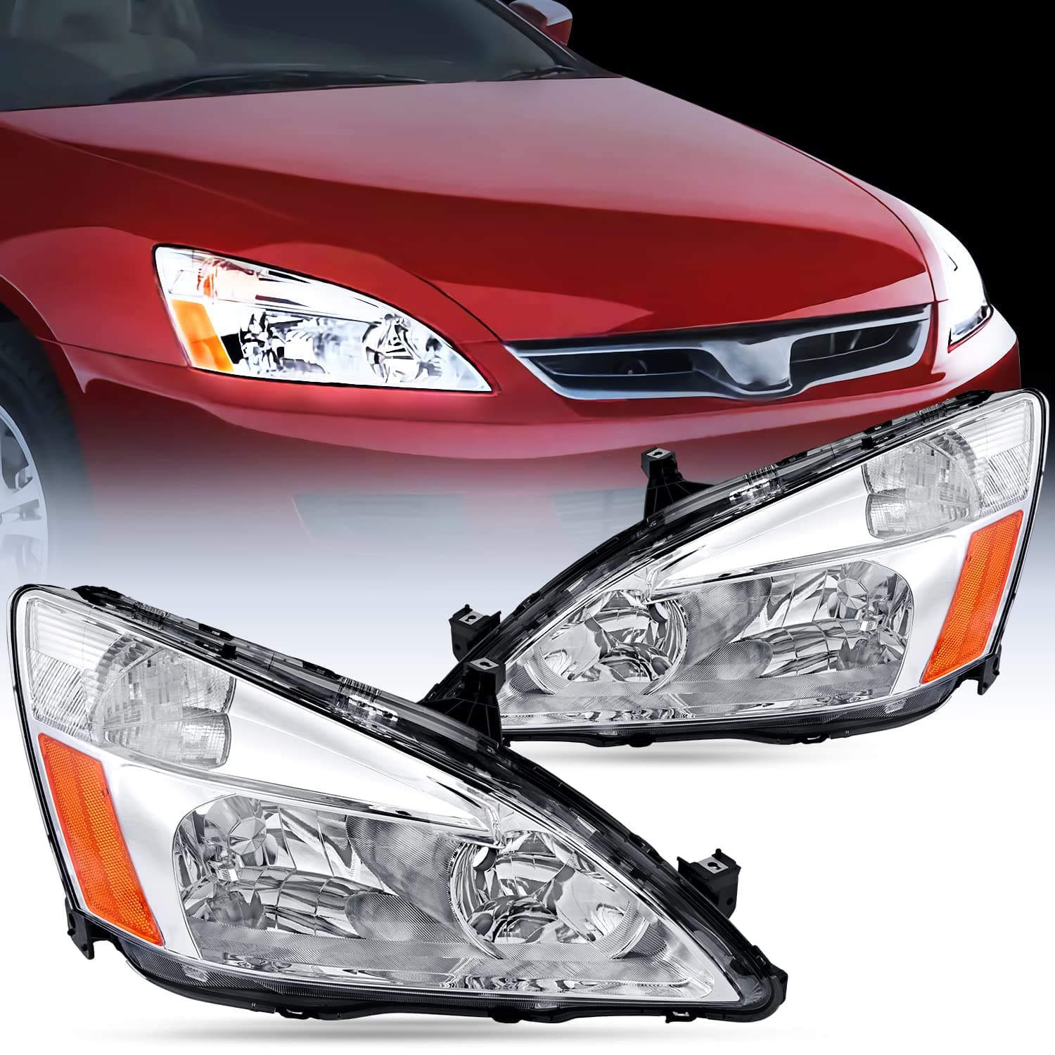 Nilight Headlight Assembly for 2003 2004 2005 2006 2007 Accord Replacement Headlamp Chrome Housing Amber Reflector