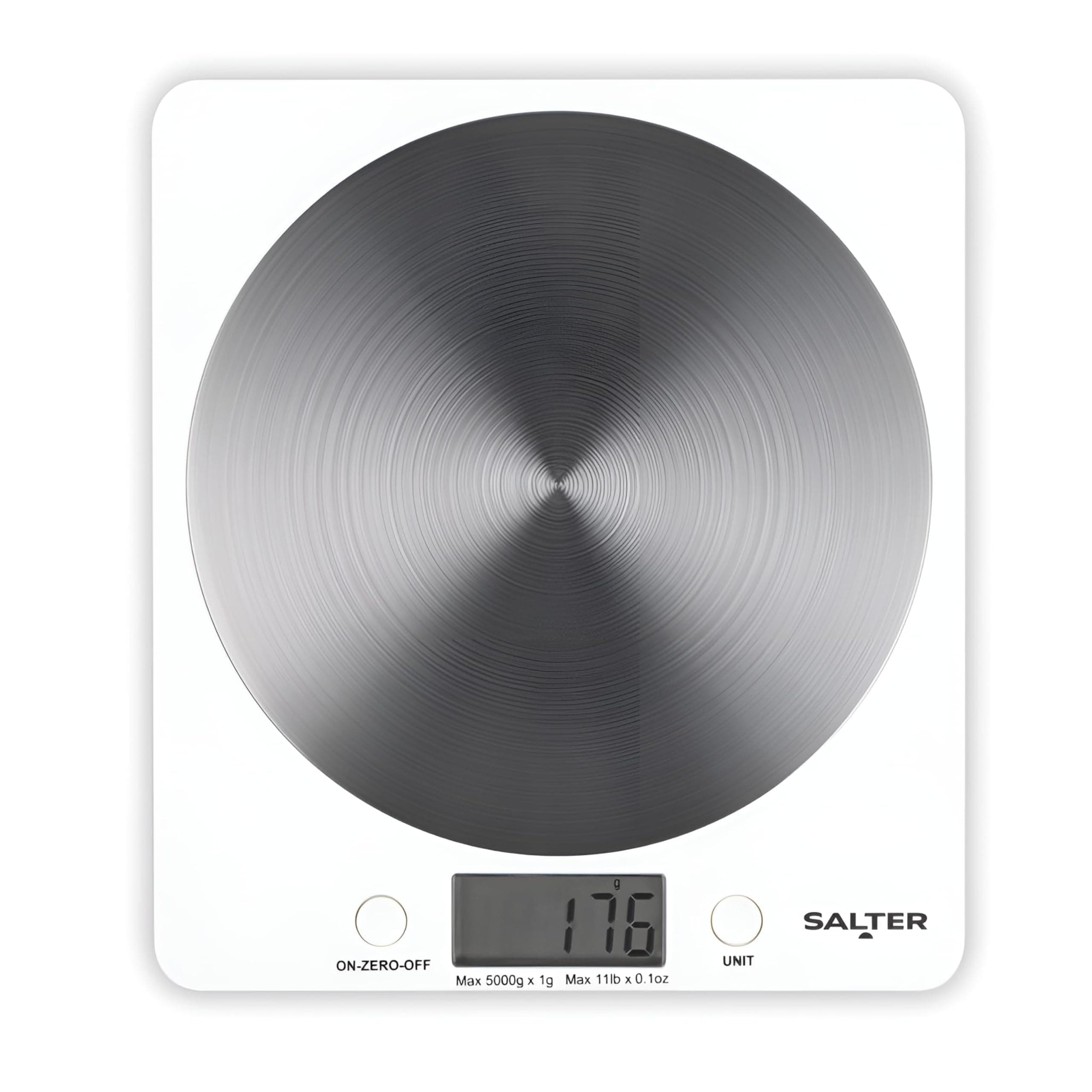 Salter White Disc Digital Kitchen Scale – Electronic Food Scale, Add & Weigh Multiple Ingredients, 5kg Capacity, Aquatronic for Measuring Liquids, Easy Read LCD Display, Includes Battery
