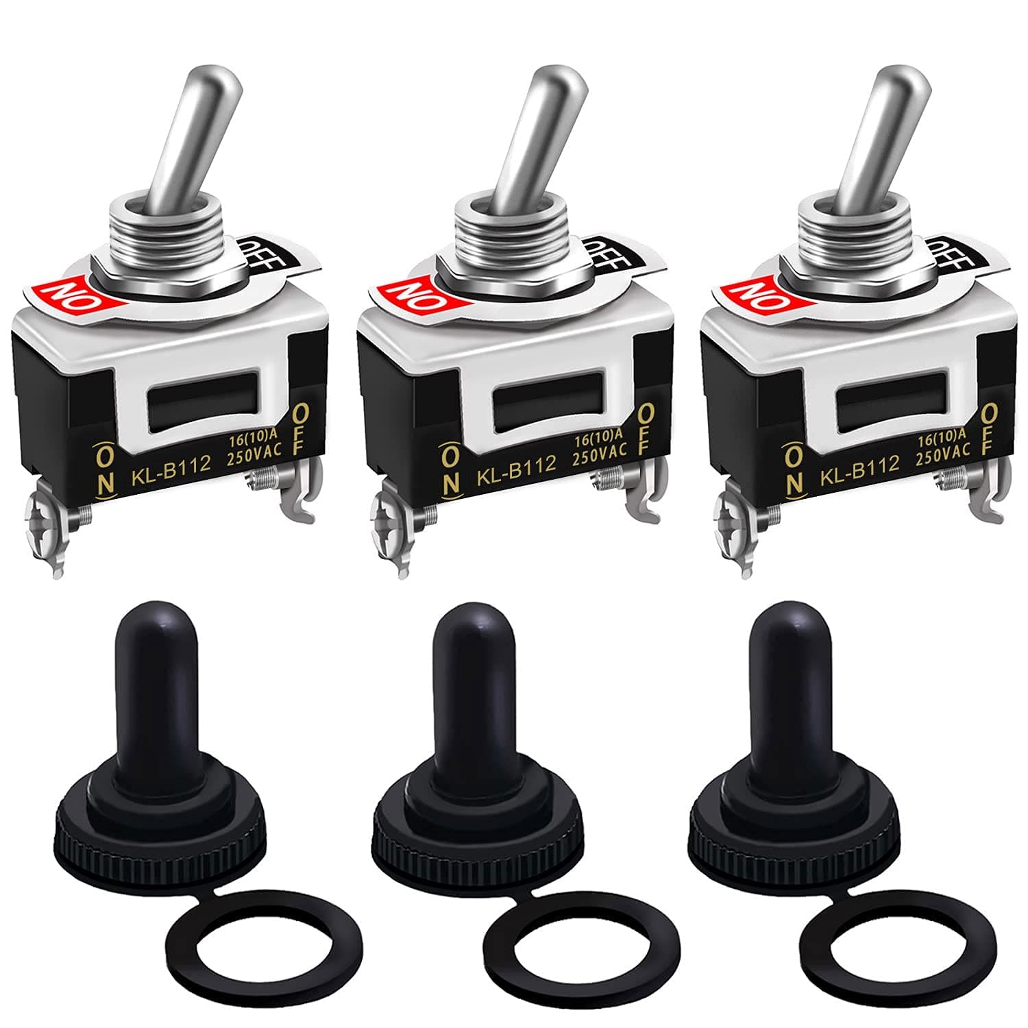 Twidec /3Pcs Heavy Duty Rocker One-Side Momentary Toggle Switch 16A 250V AC SPST 2 Position 2 Pin (ON)-Off Switch with Metal Bat Waterproof Boot Cap Cover KL-B112MZ