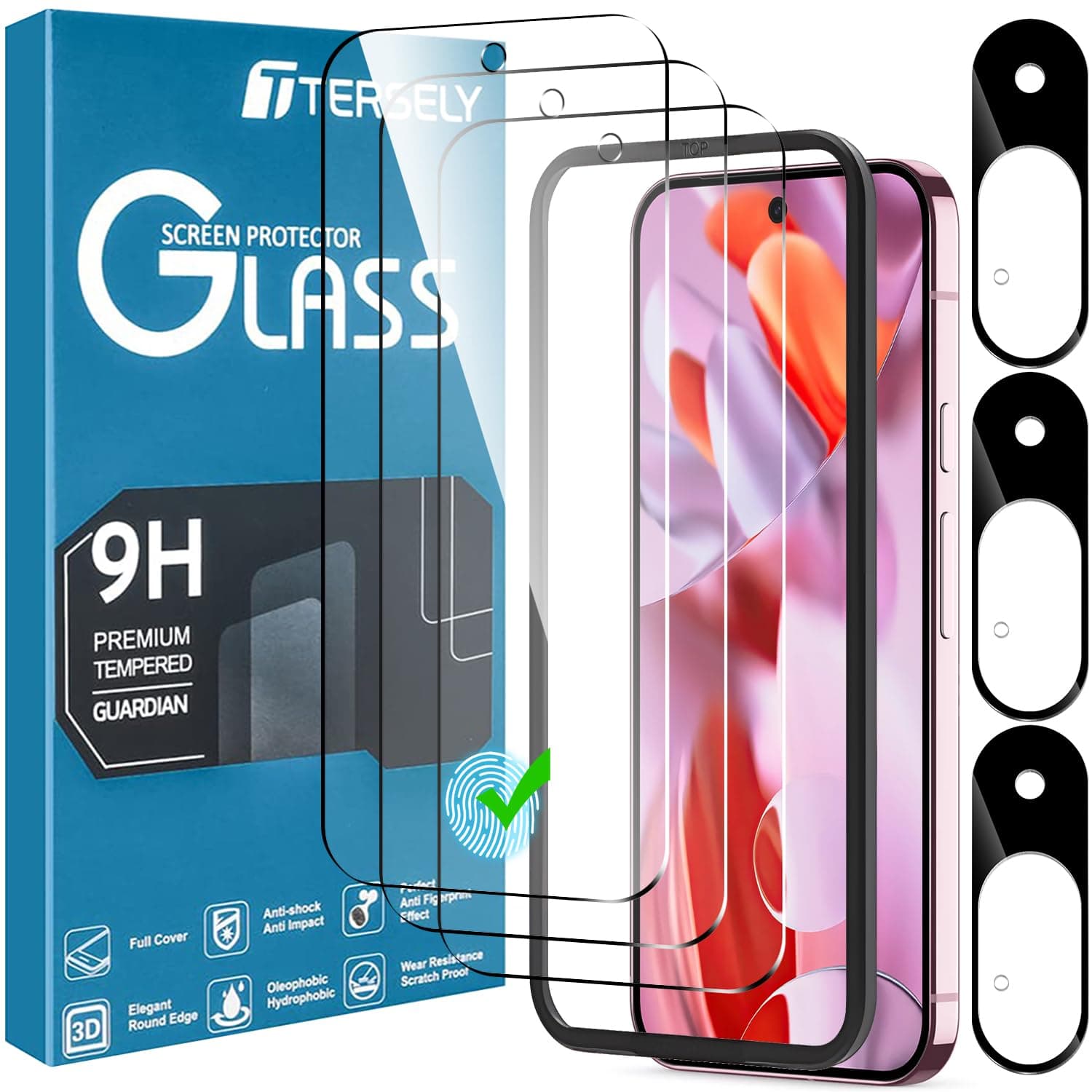 T Tersely Google Pixel 9 Tempered Glass Screen Protector with Camera Lens Protector and Mounting Orientation, Case Friendly, HD Clarity, Pack of 3