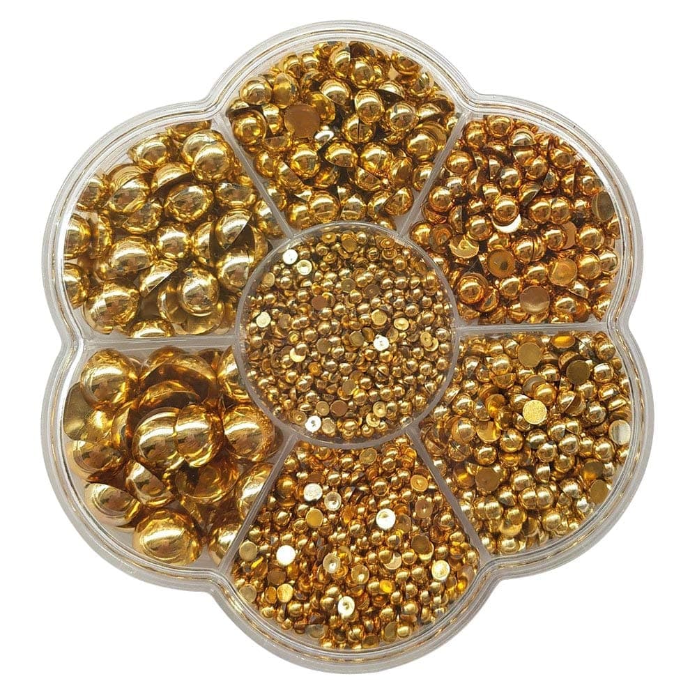 Chenkou Craft 3000PCS 7 Sizes (2.5/3/4/5/6/8/10mm) 1 Box Gold Round Flatback Imitation Half Pearls Bead Loose Beads Gem (Gold Half Ball)